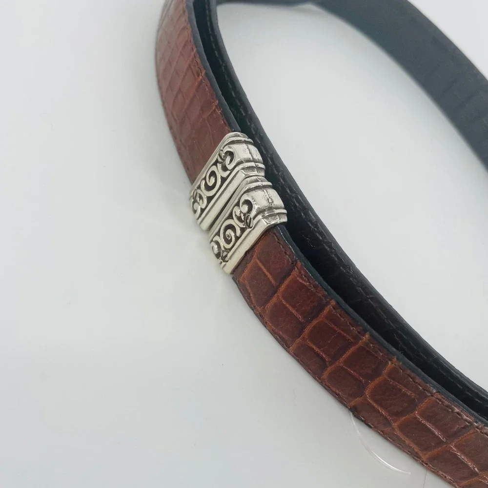 Brown Black Reversible Croc Embossed Leather Belt Ornate Silver Tone‎ Buckle